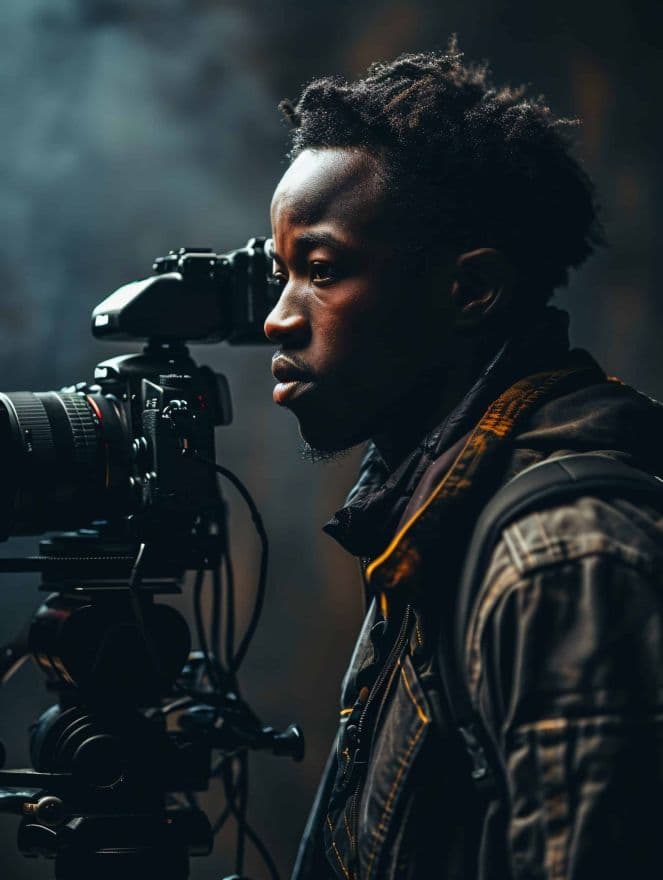 A young African filmmaker behind a camera.